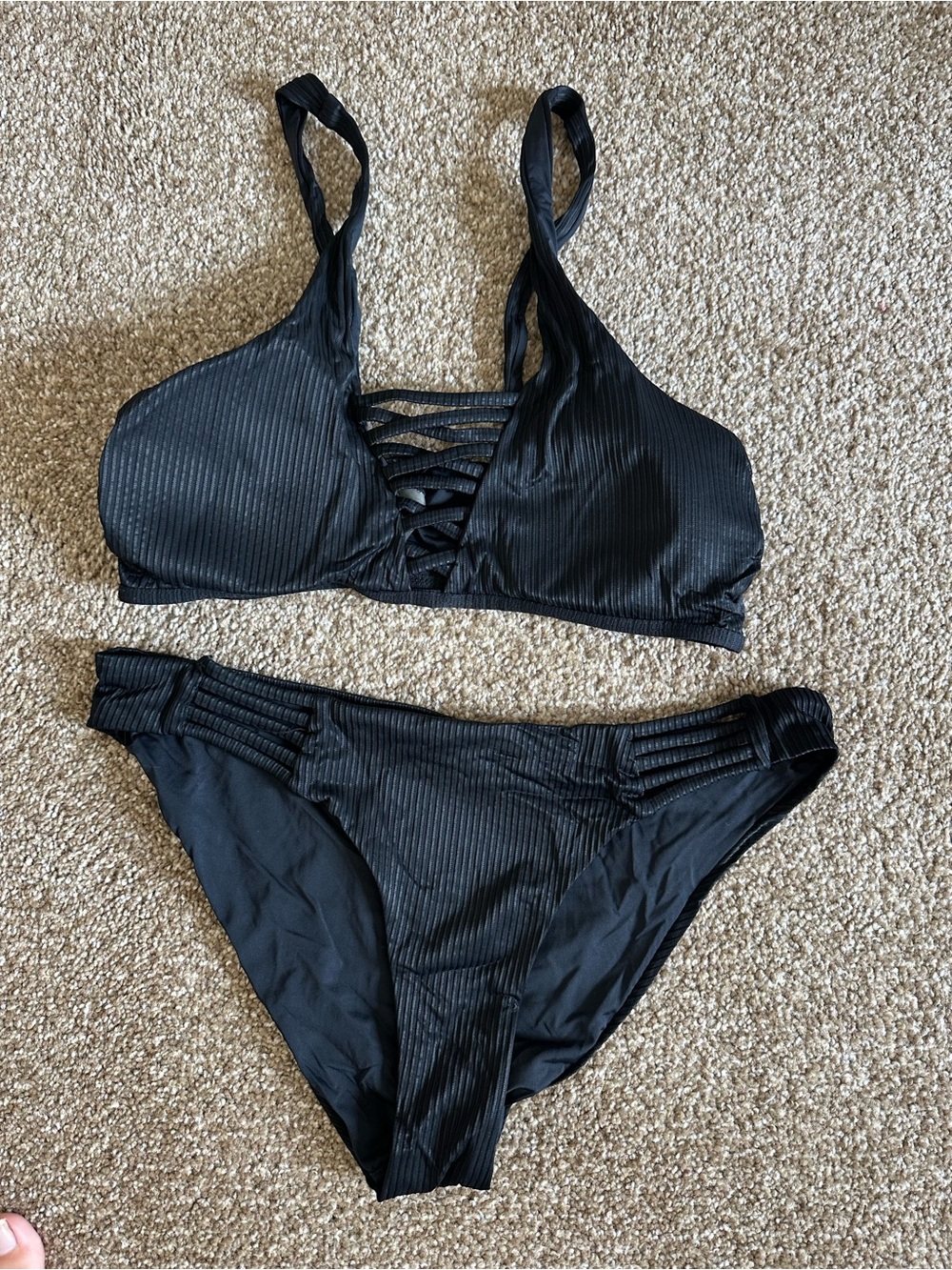 TiniBikini Black Ribbed Lace-Up Two-Piece Swim Set